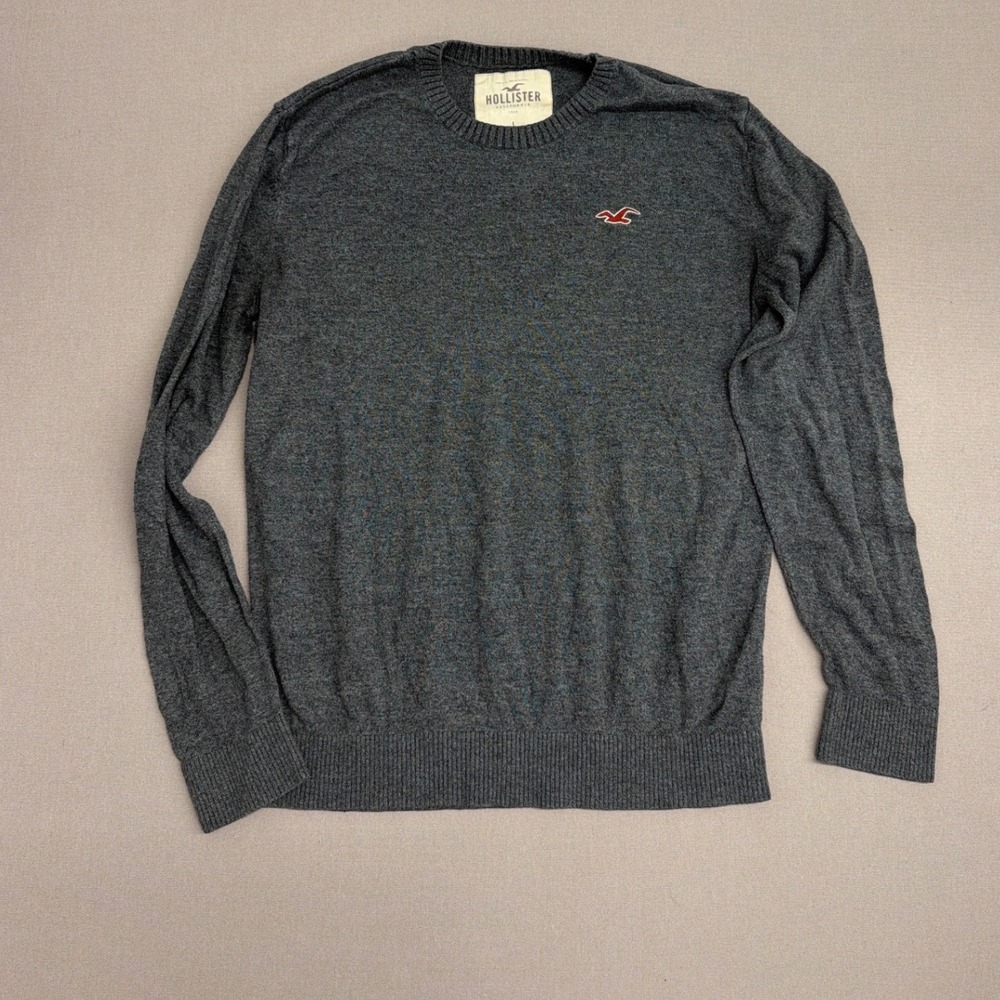 Hollister Mens Crewneck Sweater Dark Gray Heather Long Sleeve Logo Large